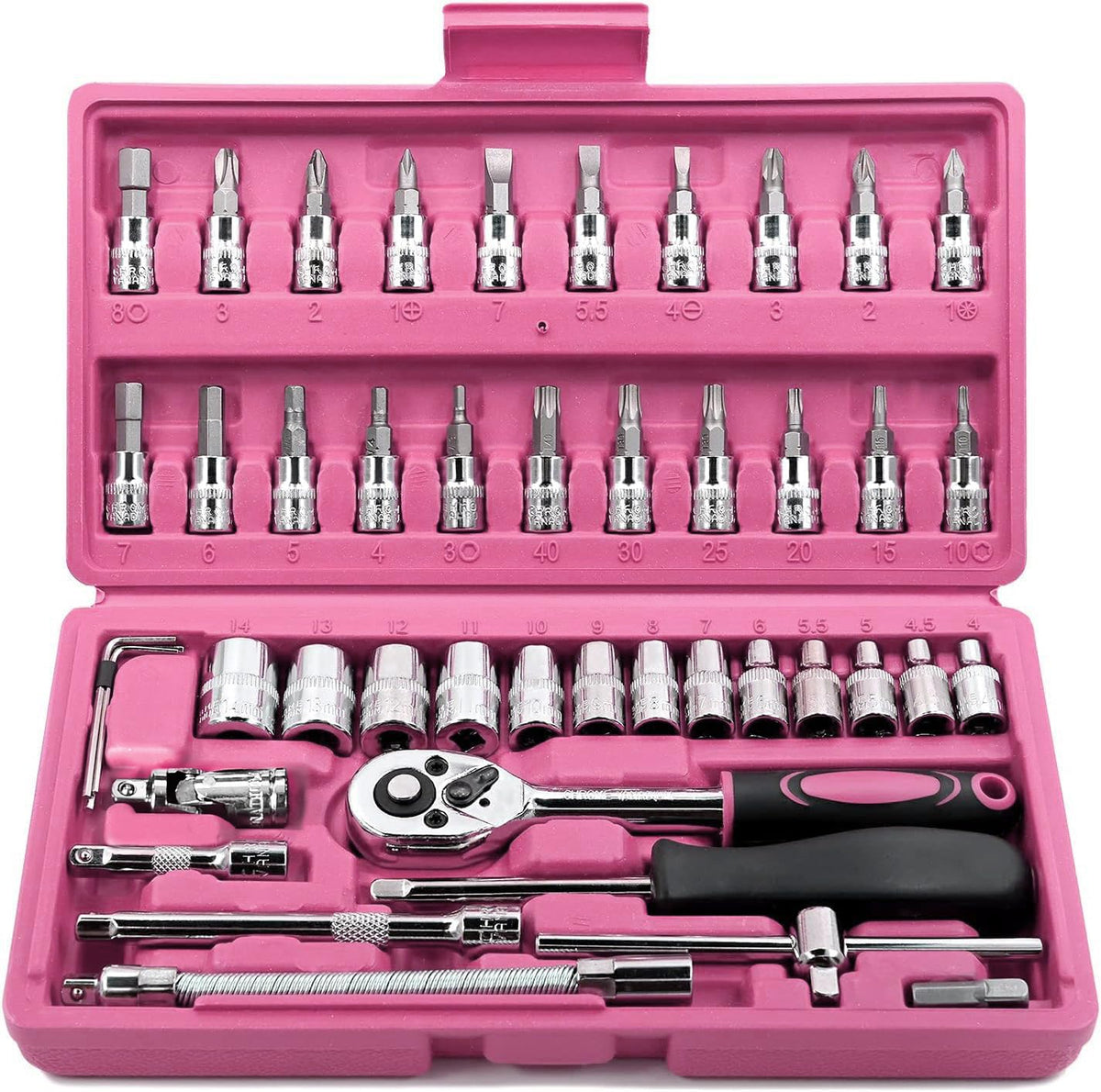 Egofine 46 Pieces 1/4 inch Drive Socket Ratchet Wrench Set, with Bit Socket Set Metric and Extension Bar for Auto Repairing and Household, with Storage Case