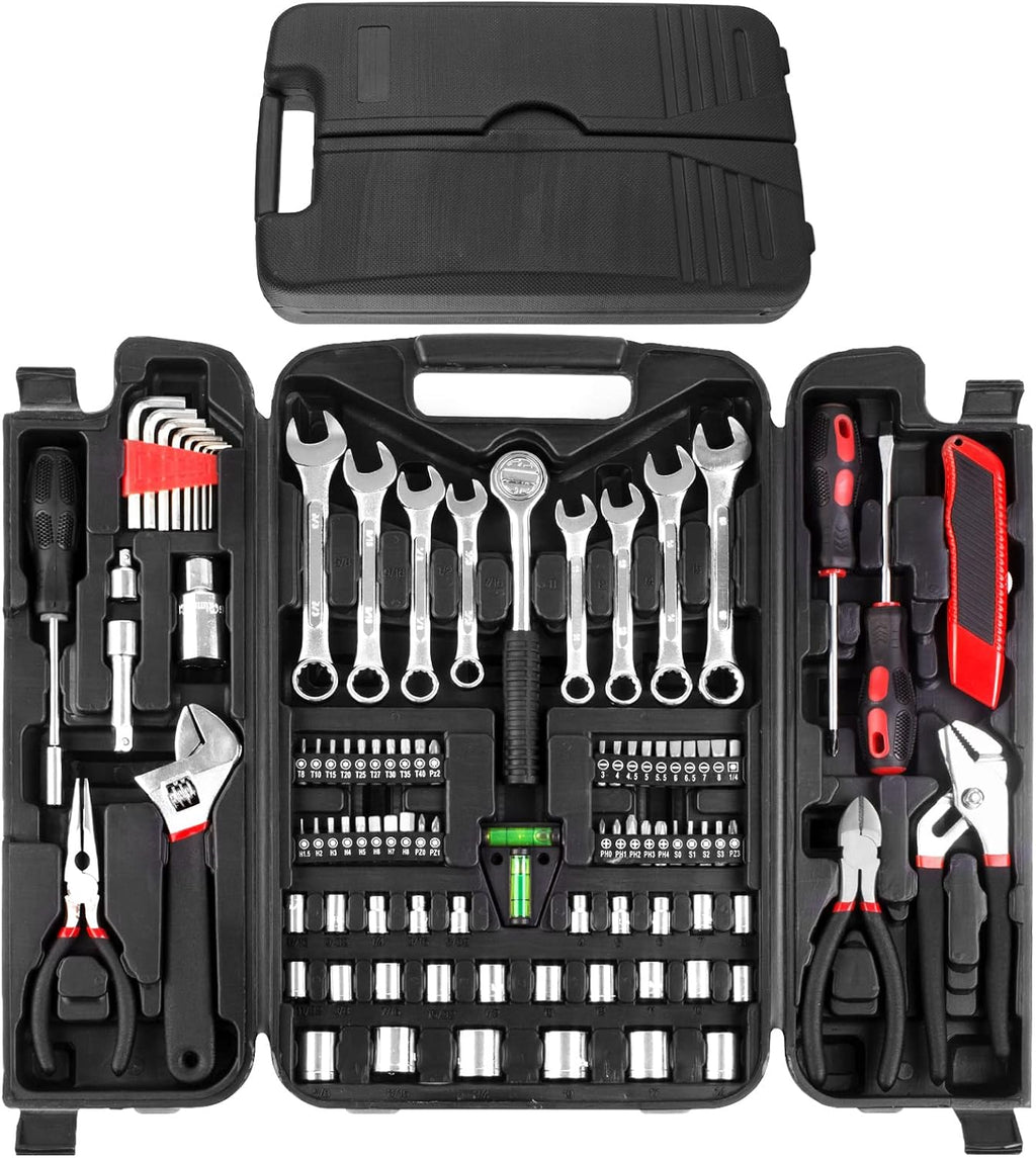 TLGREEN 95-Piece Car Tool Kit with Storage Case, Red | Marine Tool Kit with Wrench, Pliers, Sockets And Bits; Organized Repairs for Boats, Vehicles And Household Maintenance