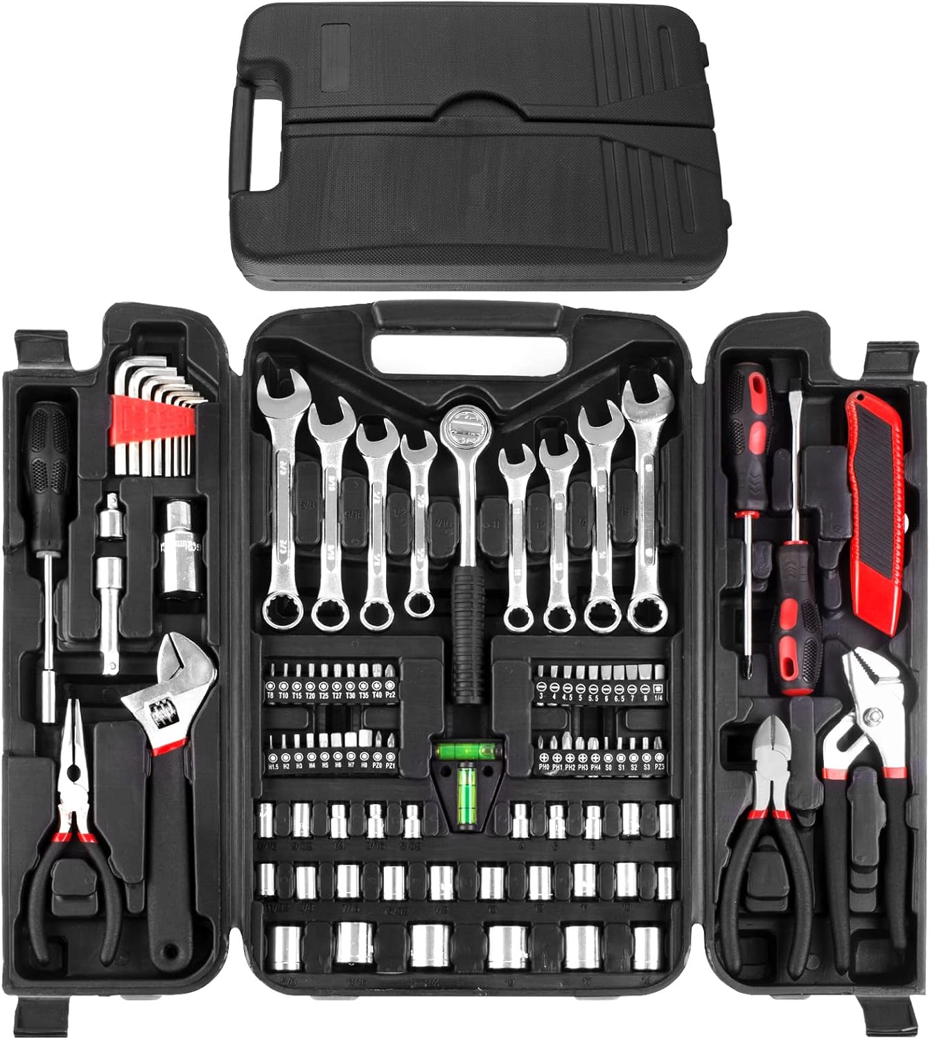 TLGREEN 95-Piece Car Tool Kit with Storage Case, Red | Marine Tool Kit with Wrench, Pliers, Sockets And Bits; Organized Repairs for Boats, Vehicles And Household Maintenance