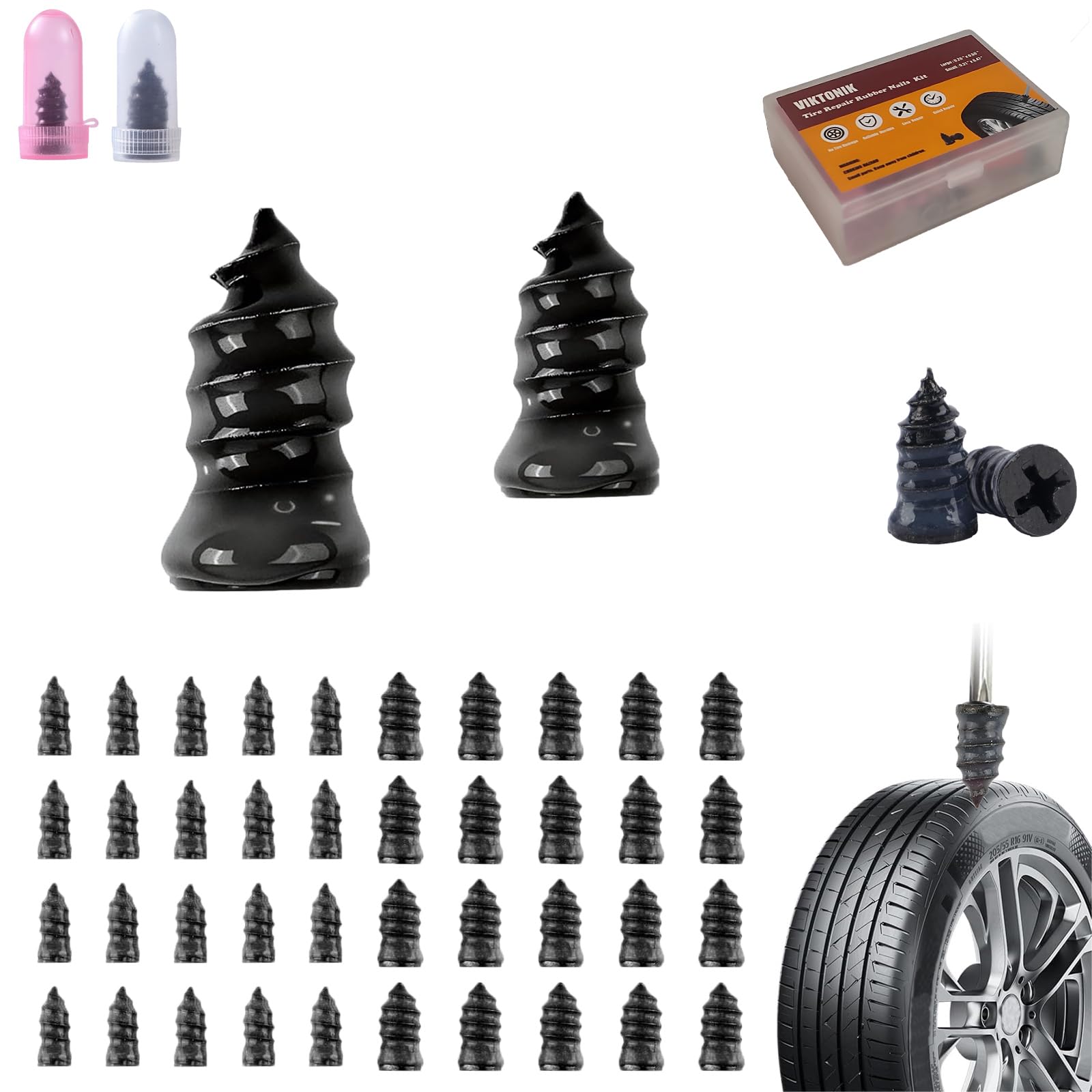 Tire Repair Rubber Kit–Screw in Tire Plugs Heavy Duty, Vacuum Spiral Screws, No Jack Flat Tire Tool for Car/Truck/SUV/Motorcycle/Tractor/ATV/Bicycle – Universal Plugs with Box, 2 Sizes (20)