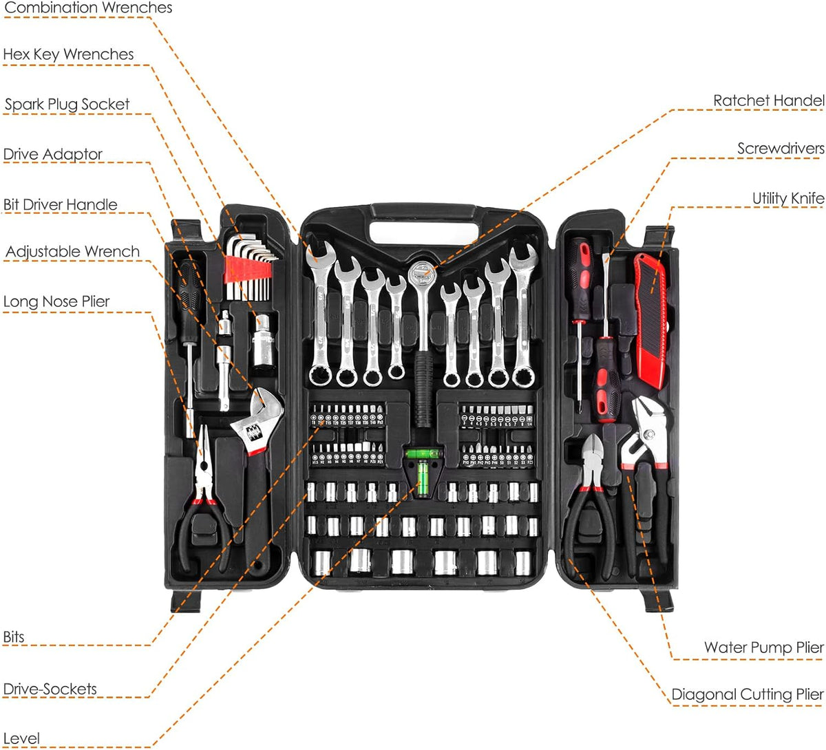 TLGREEN 95-Piece Car Tool Kit with Storage Case, Red | Marine Tool Kit with Wrench, Pliers, Sockets And Bits; Organized Repairs for Boats, Vehicles And Household Maintenance