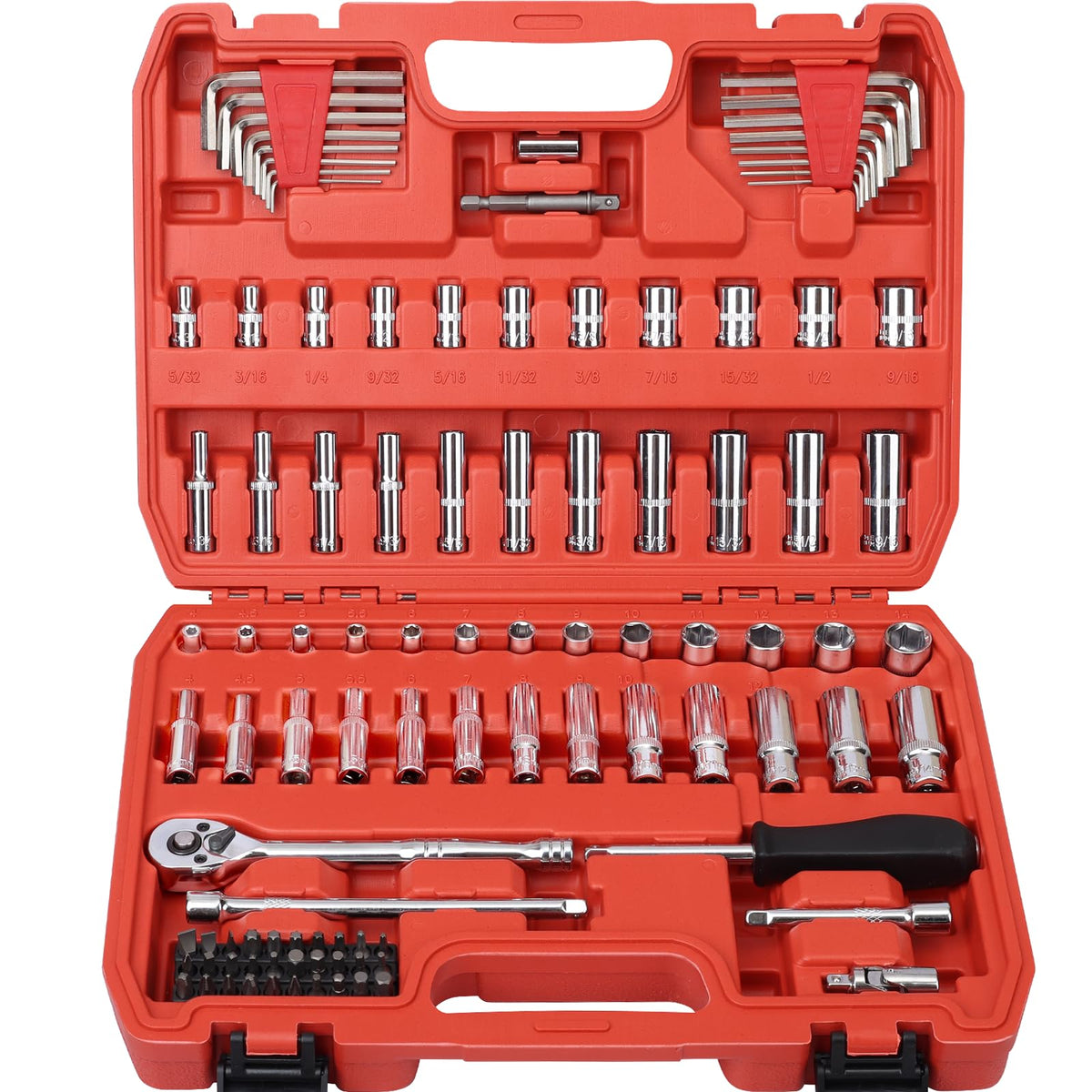 Egofine 46 Pieces 1/4 inch Drive Socket Ratchet Wrench Set, with Bit Socket Set Metric and Extension Bar for Auto Repairing and Household, with Storage Case