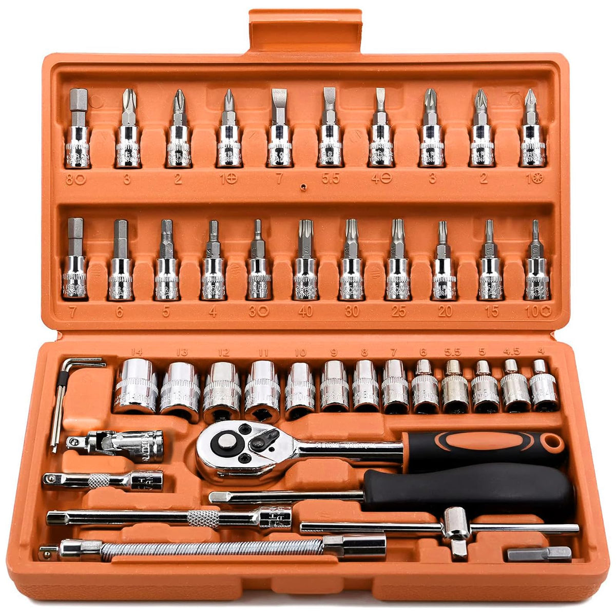 Egofine 46 Pieces 1/4 inch Drive Socket Ratchet Wrench Set, with Bit Socket Set Metric and Extension Bar for Auto Repairing and Household, with Storage Case