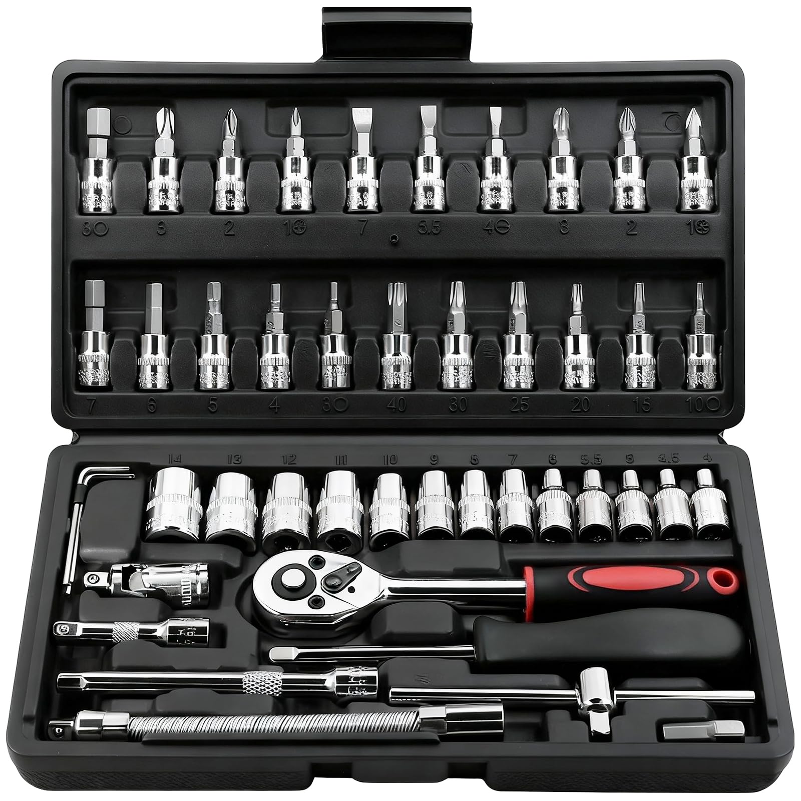 Egofine 46 Pieces 1/4 inch Drive Socket Ratchet Wrench Set, with Bit Socket Set Metric and Extension Bar for Auto Repairing and Household, with Storage Case