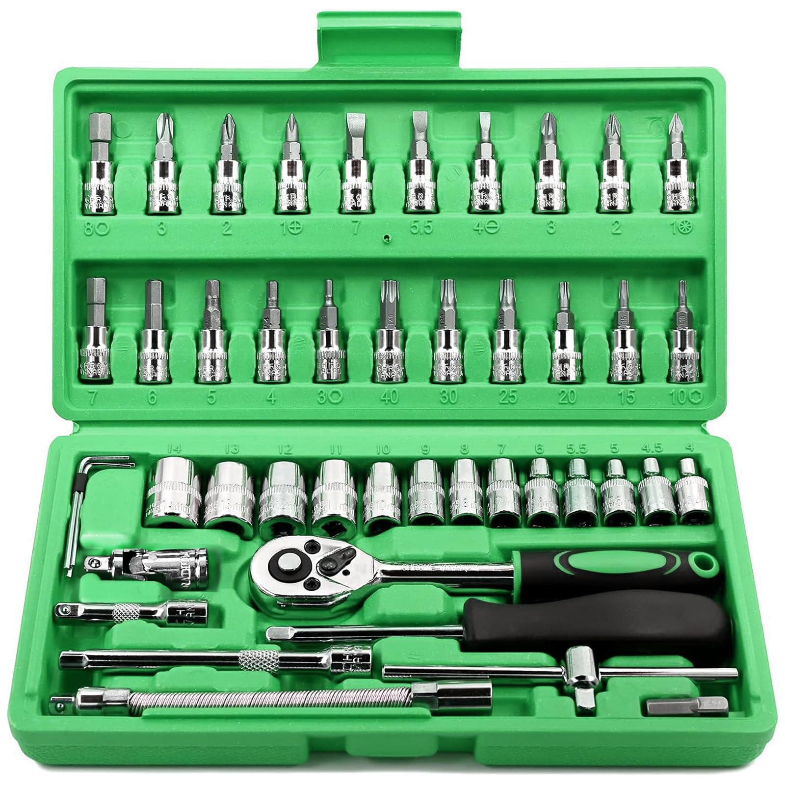 Egofine 46 Pieces 1/4 inch Drive Socket Ratchet Wrench Set, with Bit Socket Set Metric and Extension Bar for Auto Repairing and Household, with Storage Case