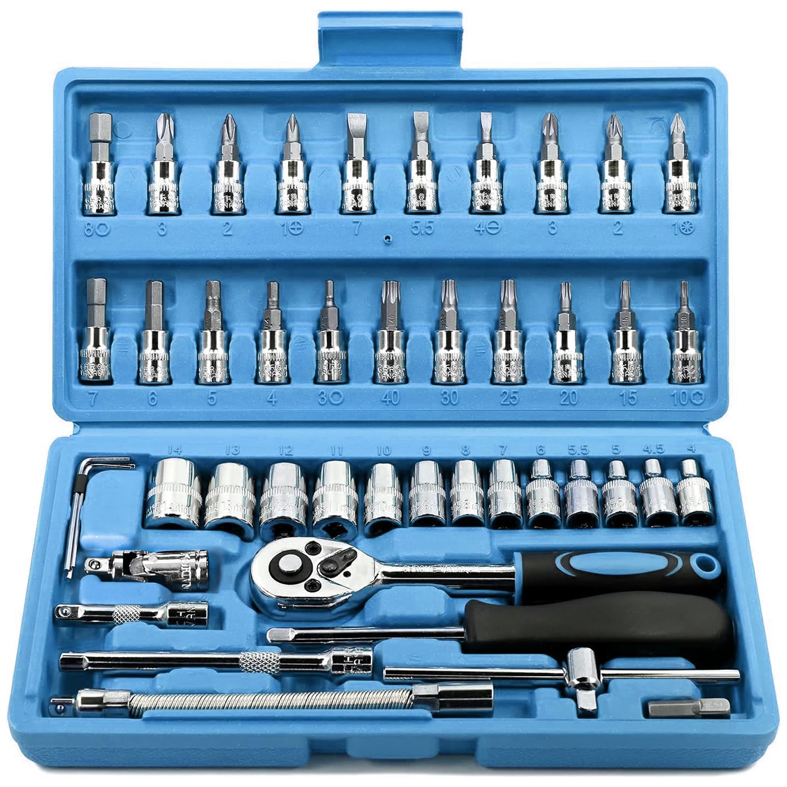 Egofine 46 Pieces 1/4 inch Drive Socket Ratchet Wrench Set, with Bit Socket Set Metric and Extension Bar for Auto Repairing and Household, with Storage Case