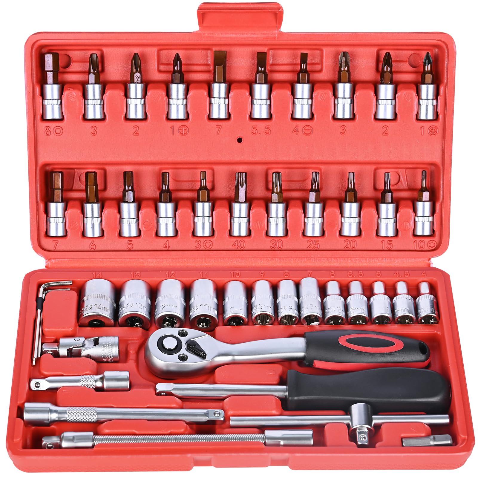 Egofine 46 Pieces 1/4 inch Drive Socket Ratchet Wrench Set, with Bit Socket Set Metric and Extension Bar for Auto Repairing and Household, with Storage Case